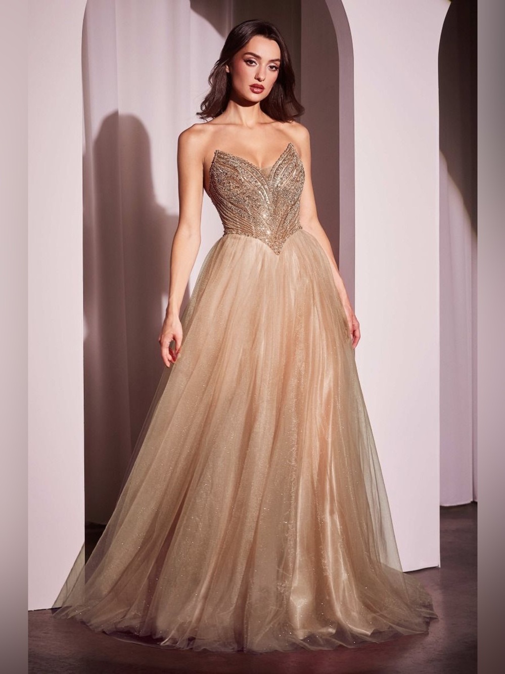 Ladavine Strapless Beaded Tulle Ballgown Size 6 Gold Sparkle Formal Dress